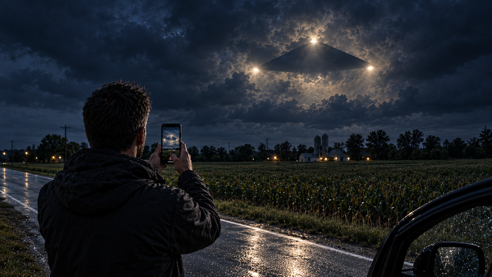 A person on a rural road photographs a large dark triangular form suspended in storm clouds overhead.